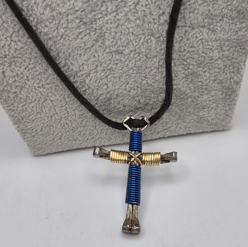 Artisan Made W/ Nails & Wire Wrapped Cross Pendant Necklace Adj. Cord.  Stunning